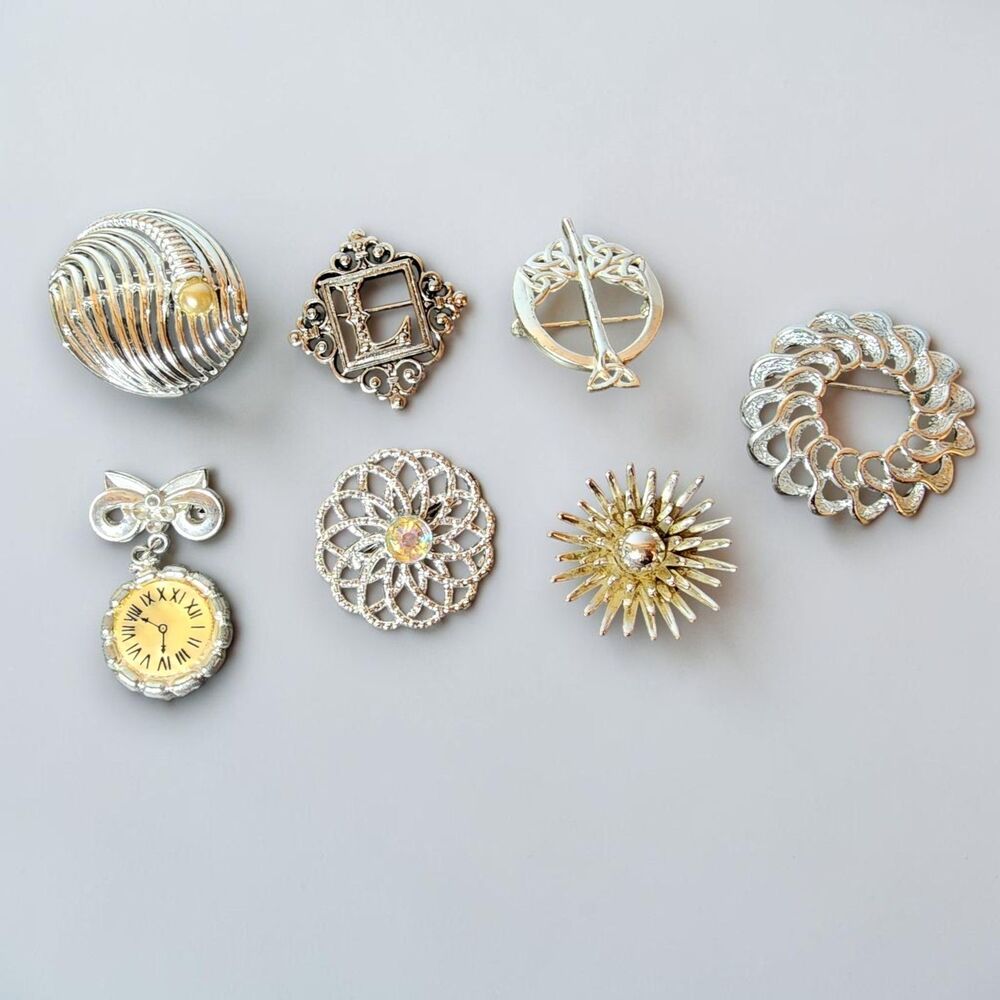 Vintage Silver Tone Brooch Pin Lot 7 Pc Clock Celtic Rhinestone Flower